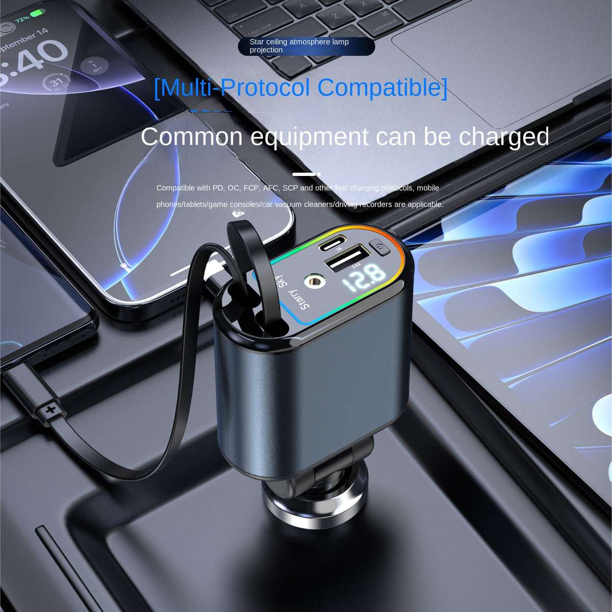 New C9 Starry Sky Fast Charging 120W Retractable Car Charger with 4-in-1 Multi-functional Digital Display