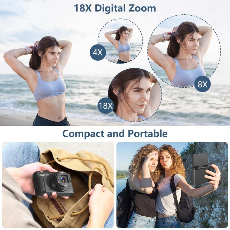 4K Vlogging Digital Camera for YouTube | 3" 180° Flip Screen, 18X Digital Zoom, Compact Photography Camera, Comes with 32GB TF Card & 2 Rechargeable Batteries