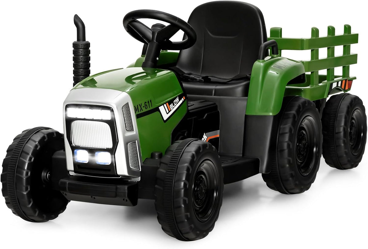 Costzon 12V Kids Ride On Tractor with Detachable Trailer, Remote Control Electric Vehicle, 3‑Gear‑Shift Ground Loader, USB, 7 LED Headlights, Green, for Kids 3+