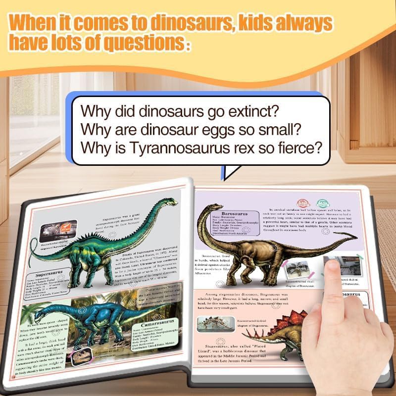 Kids Interactive Talking Dinosaur Encyclopedia Book – 400 Touch Points, 100 Dinosaurs Voice Facts, USB Rechargeable Wipe-Clean Educational Book for Boys Girls 5-10 Years Old