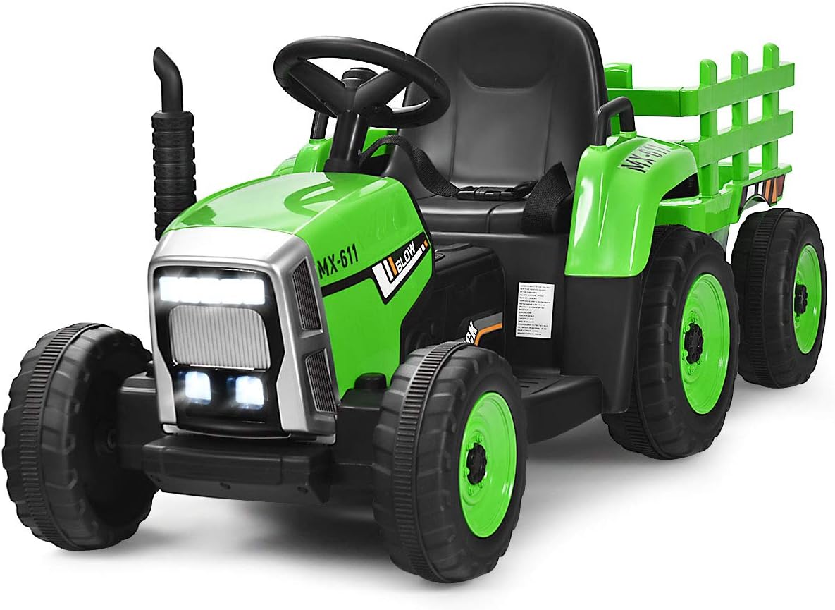 Costzon 12V Kids Ride On Tractor with Detachable Trailer, Remote Control Electric Vehicle, 3‑Gear‑Shift Ground Loader, USB, 7 LED Headlights, Green, for Kids 3+