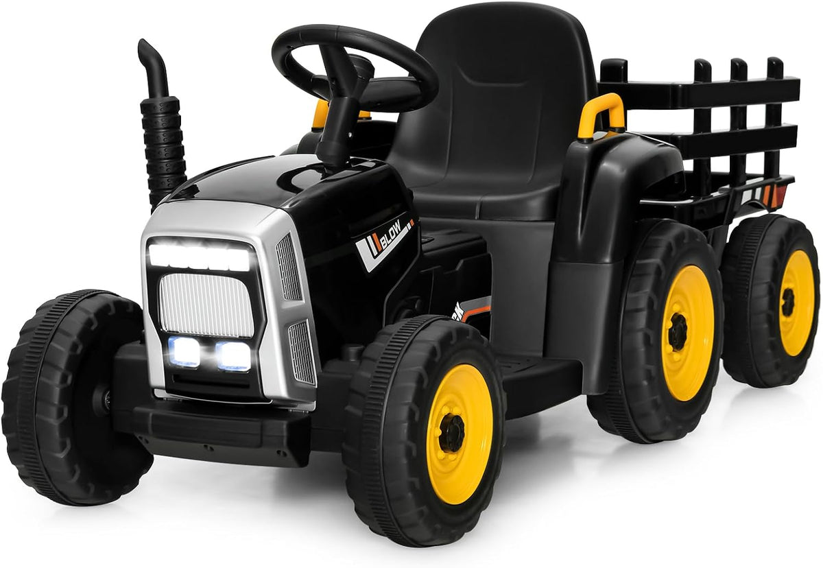 Costzon 12V Kids Ride On Tractor with Detachable Trailer, Remote Control Electric Vehicle, 3‑Gear‑Shift Ground Loader, USB, 7 LED Headlights, Green, for Kids 3+