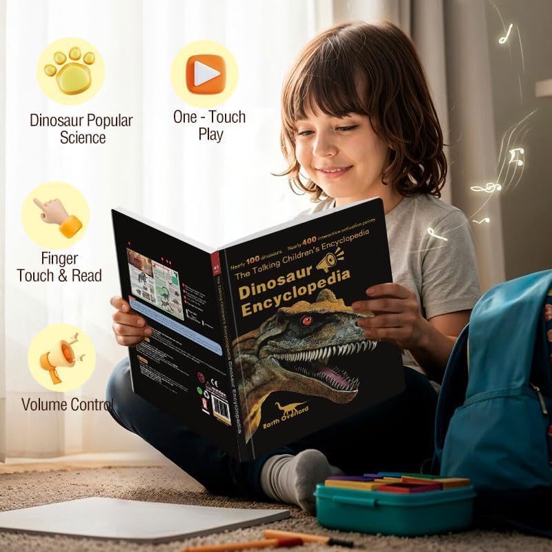 Kids Interactive Talking Dinosaur Encyclopedia Book – 400 Touch Points, 100 Dinosaurs Voice Facts, USB Rechargeable Wipe-Clean Educational Book for Boys Girls 5-10 Years Old