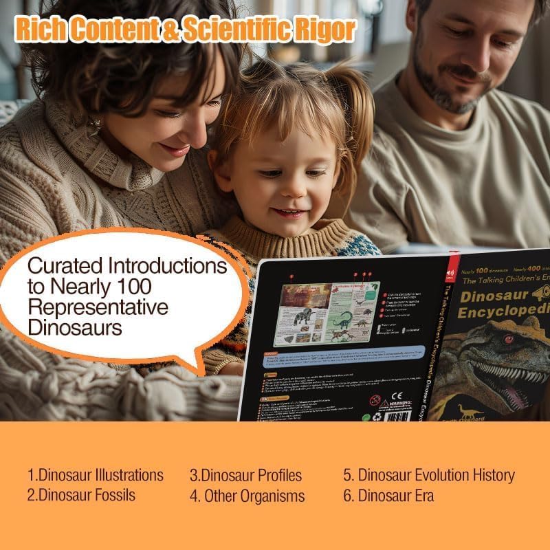 Kids Interactive Talking Dinosaur Encyclopedia Book – 400 Touch Points, 100 Dinosaurs Voice Facts, USB Rechargeable Wipe-Clean Educational Book for Boys Girls 5-10 Years Old