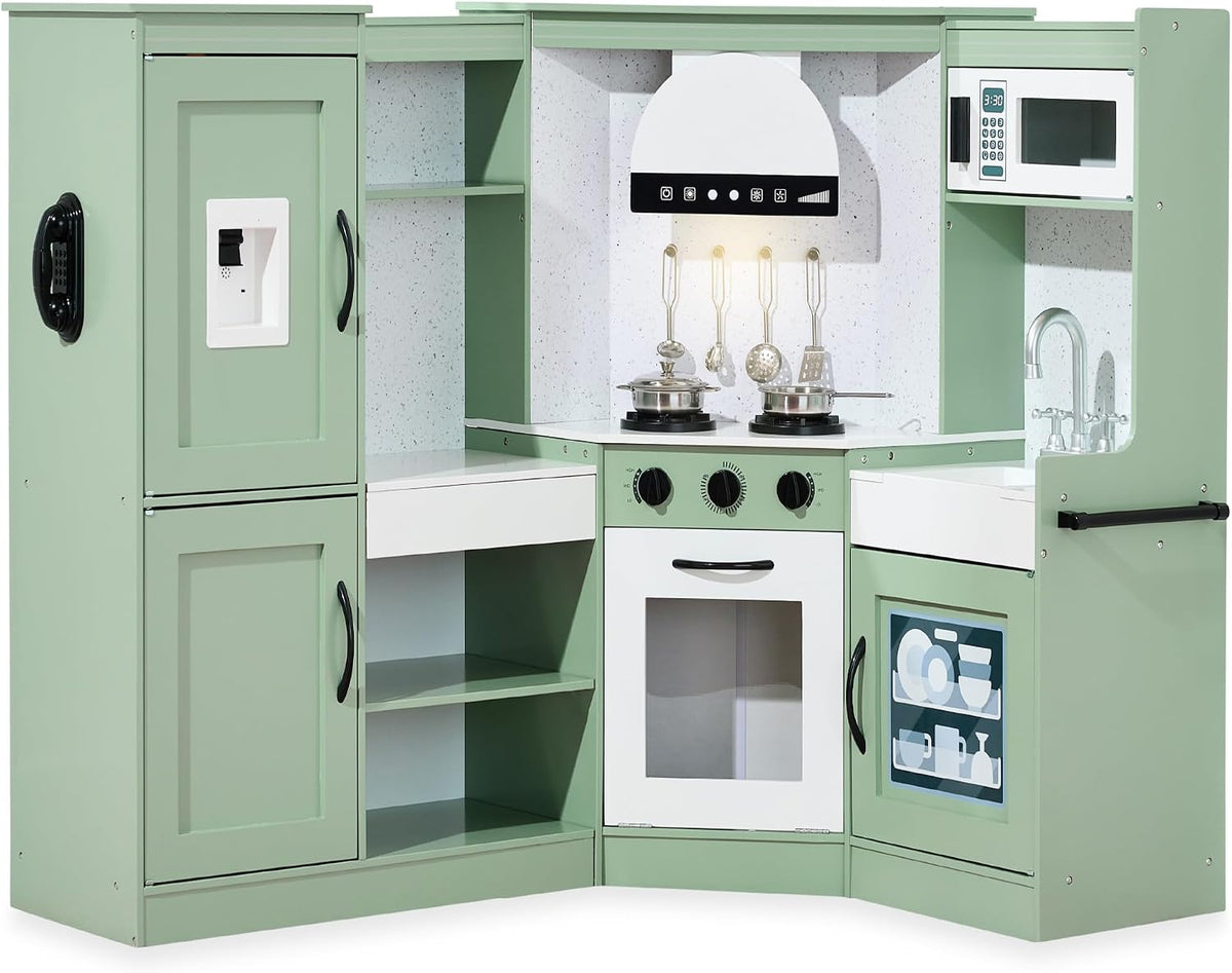 Best Choice Products Wooden Kids Pretend Play Kitchen Set, Interactive Playset with Lights & Sounds, Ice Maker & Range Hood, Sage Green for Toddlers
