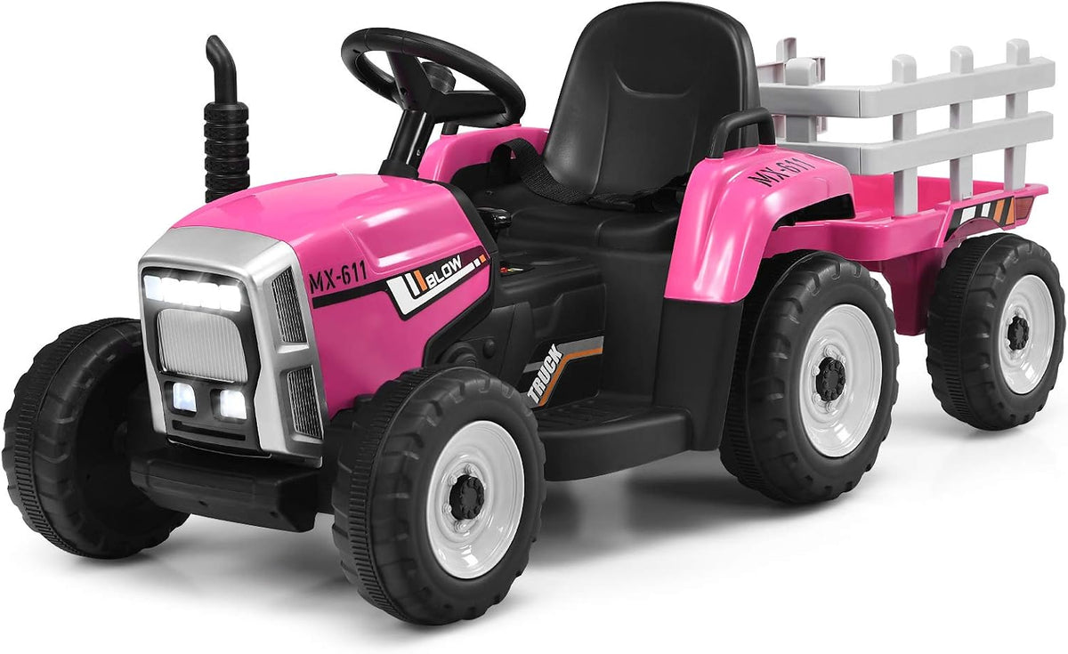 Costzon 12V Kids Ride On Tractor with Detachable Trailer, Remote Control Electric Vehicle, 3‑Gear‑Shift Ground Loader, USB, 7 LED Headlights, Green, for Kids 3+