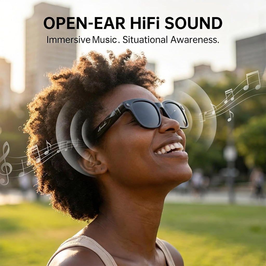 AI Smart Glasses with Camera, 8MP HD Bluetooth Camera Glasses for Women Men 1080P Video Recording Sunglasses, Real Time Translation, Voice Assistant, Open Earbuds, Travel, Work, Vlog