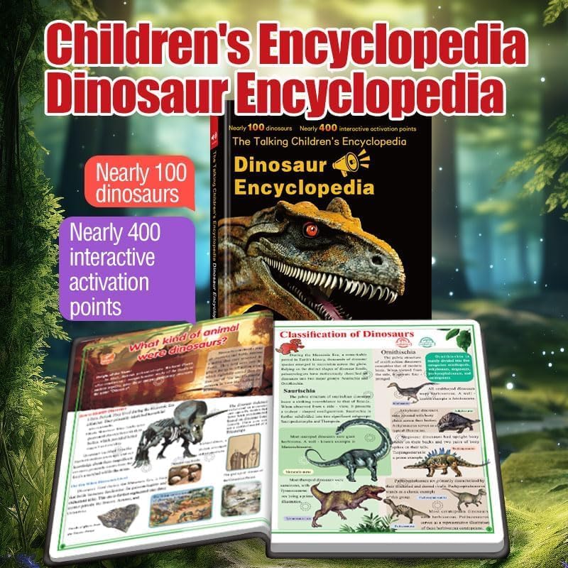 Kids Interactive Talking Dinosaur Encyclopedia Book – 400 Touch Points, 100 Dinosaurs Voice Facts, USB Rechargeable Wipe-Clean Educational Book for Boys Girls 5-10 Years Old
