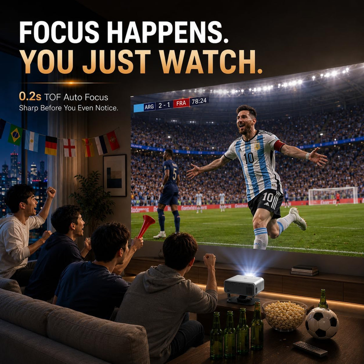Auto Focus Smart Projector with 360° Rotatable Stand, Native 1080P 4K Supported Home Theater Projector, WiFi Bluetooth Outdoor Movie Projector