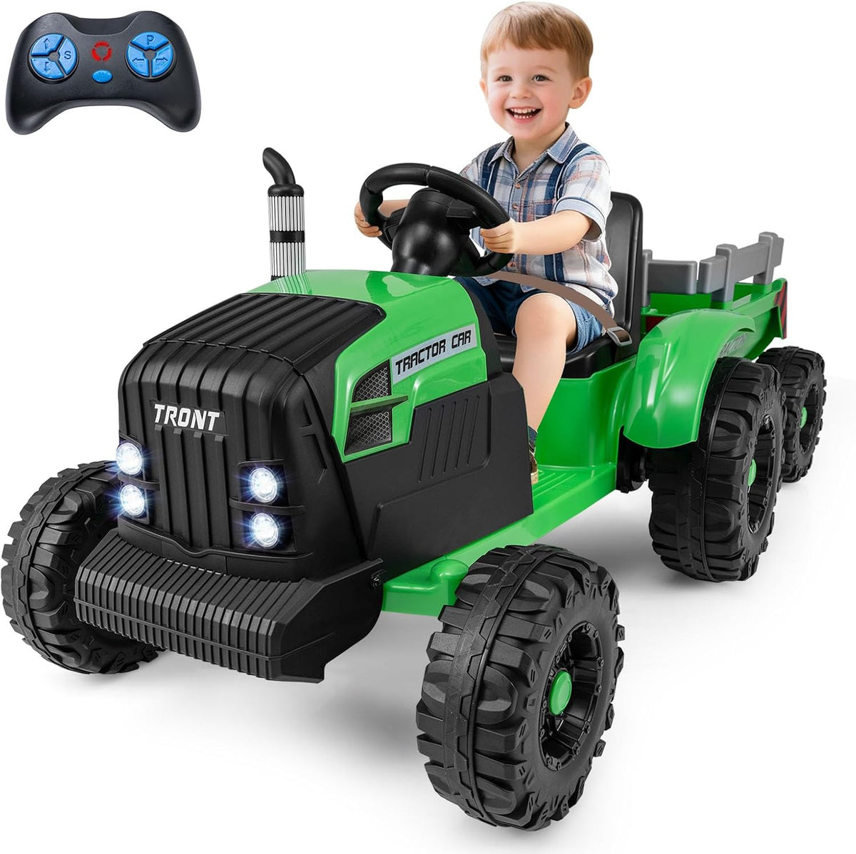 Costzon 12V Kids Ride On Tractor with Detachable Trailer, Remote Control Electric Vehicle, 3‑Gear‑Shift Ground Loader, USB, 7 LED Headlights, Green, for Kids 3+