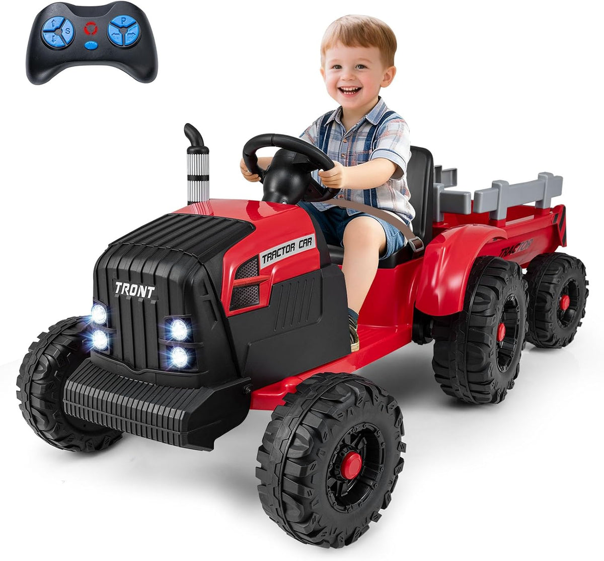 Costzon 12V Kids Ride On Tractor with Detachable Trailer, Remote Control Electric Vehicle, 3‑Gear‑Shift Ground Loader, USB, 7 LED Headlights, Green, for Kids 3+
