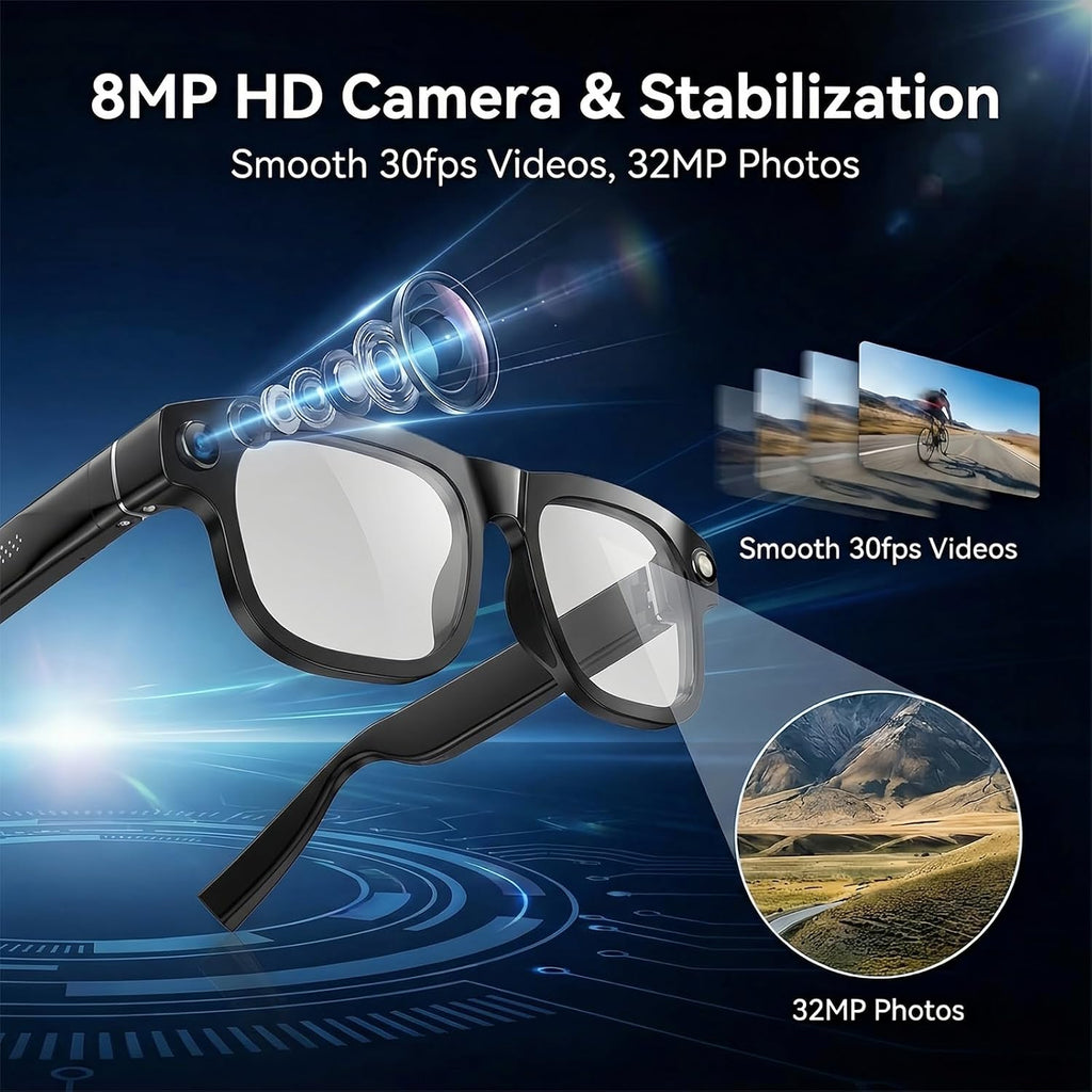 AI Smart Glasses with Camera, 8MP HD Bluetooth Camera Glasses for Women Men 1080P Video Recording Sunglasses, Real Time Translation, Voice Assistant, Open Earbuds, Travel, Work, Vlog