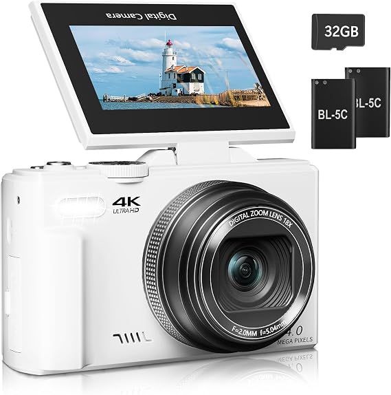 4K Vlogging Digital Camera for YouTube | 3" 180° Flip Screen, 18X Digital Zoom, Compact Photography Camera, Comes with 32GB TF Card & 2 Rechargeable Batteries