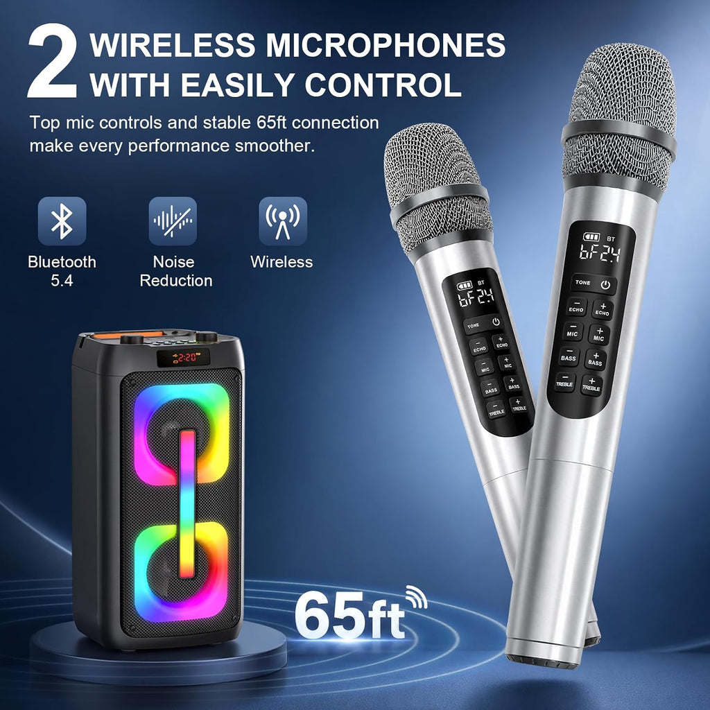 Portable Outdoor Karaoke Speaker Machine with 2 Wireless Microphones, LED Light PA System, 6000mAh Rechargeable Battery, USB TF AUX Bluetooth Speaker for Camping Beach Party, Gift for Adults