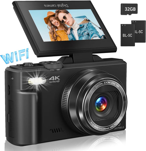 4K Vlogging Digital Camera for YouTube | 3" 180° Flip Screen, 18X Digital Zoom, Compact Photography Camera, Comes with 32GB TF Card & 2 Rechargeable Batteries