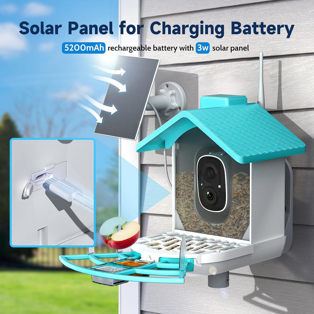 Smart Bird Feeder with Camera,Bird House Camera with Solar Panel,FHD Birds Cam for Bird Watching, AI Identification,Auto Capture & Real-time Notifications,Ideal Gift for Birds Lovers