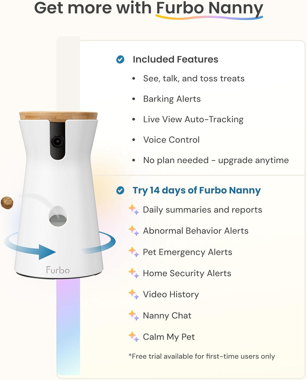 360° Smart Pet Camera for Cats | No Monthly Fee, Automatic Rotating Live View, Treat Dispenser, 2-Way Audio, Night Vision, Meow Sound Alerts, Indoor Kitten Monitoring Camera