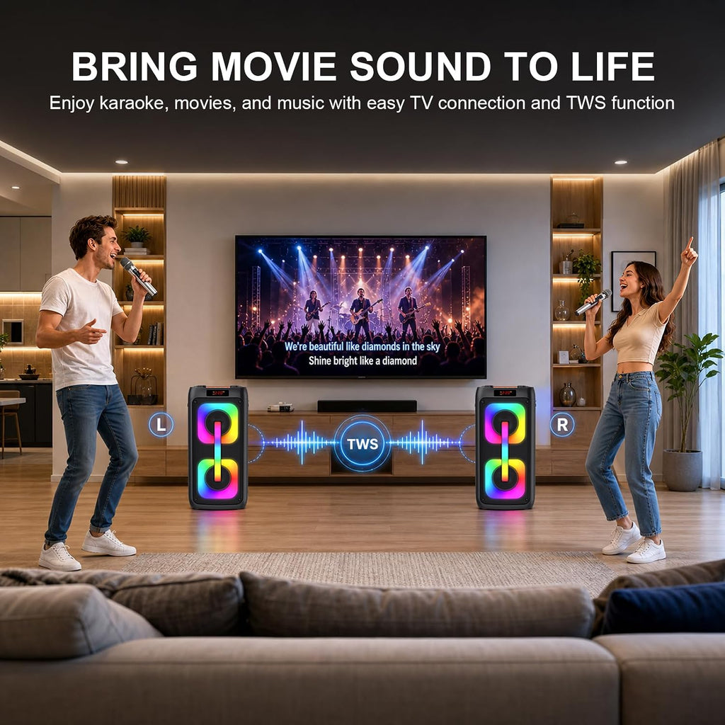 Portable Outdoor Karaoke Speaker Machine with 2 Wireless Microphones, LED Light PA System, 6000mAh Rechargeable Battery, USB TF AUX Bluetooth Speaker for Camping Beach Party, Gift for Adults