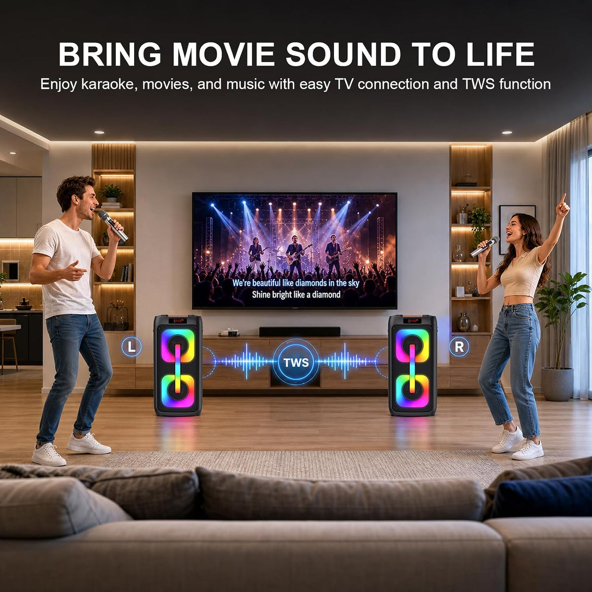 Portable Outdoor Karaoke Speaker Machine with 2 Wireless Microphones, LED Light PA System, 6000mAh Rechargeable Battery, USB TF AUX Bluetooth Speaker for Camping Beach Party, Gift for Adults