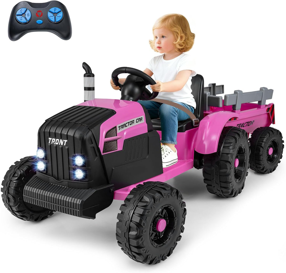 Costzon 12V Kids Ride On Tractor with Detachable Trailer, Remote Control Electric Vehicle, 3‑Gear‑Shift Ground Loader, USB, 7 LED Headlights, Green, for Kids 3+
