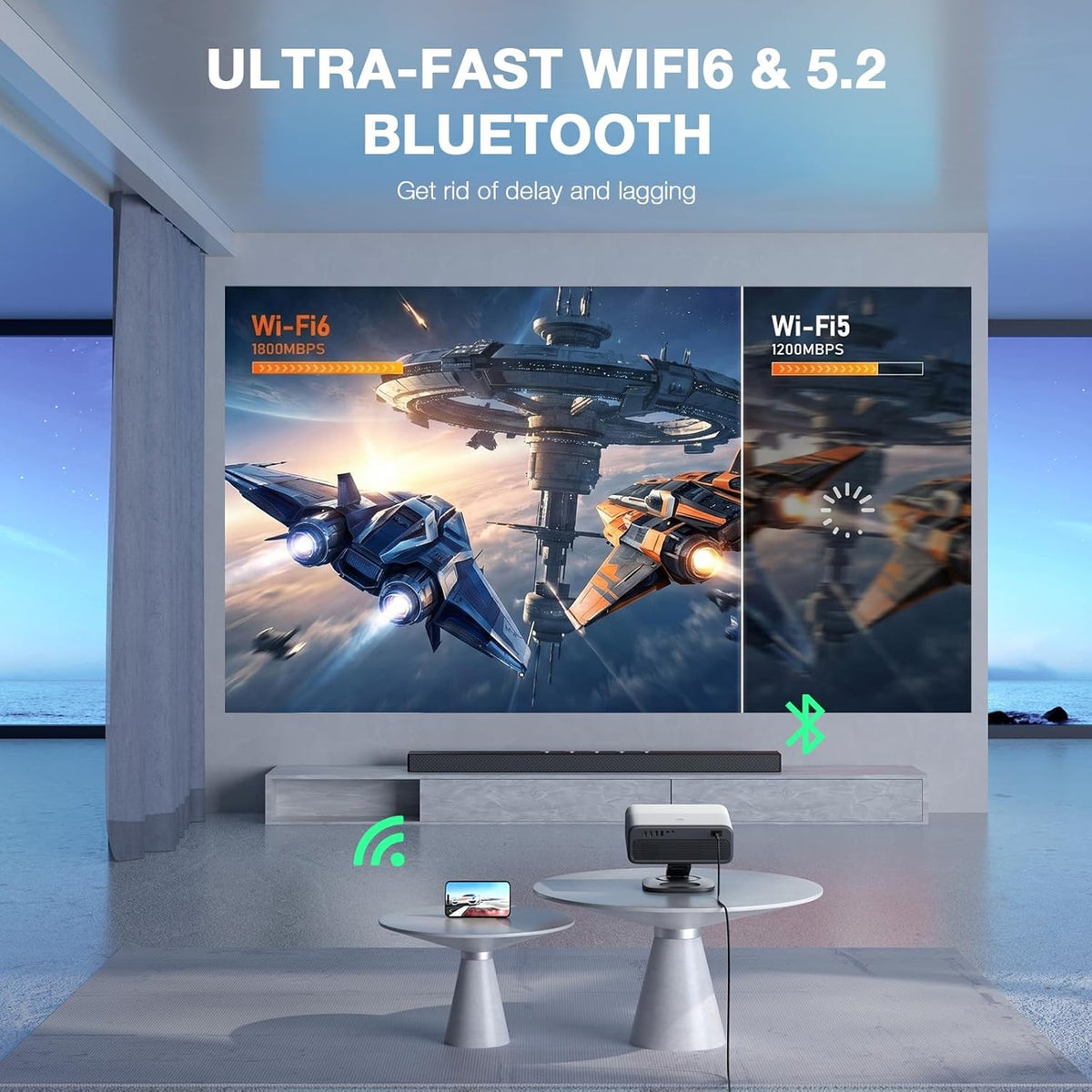 Auto Focus Smart Projector with 360° Rotatable Stand, Native 1080P 4K Supported Home Theater Projector, WiFi Bluetooth Outdoor Movie Projector