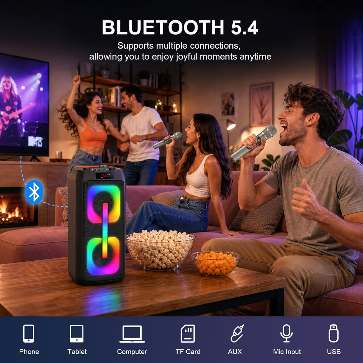 Portable Outdoor Karaoke Speaker Machine with 2 Wireless Microphones, LED Light PA System, 6000mAh Rechargeable Battery, USB TF AUX Bluetooth Speaker for Camping Beach Party, Gift for Adults