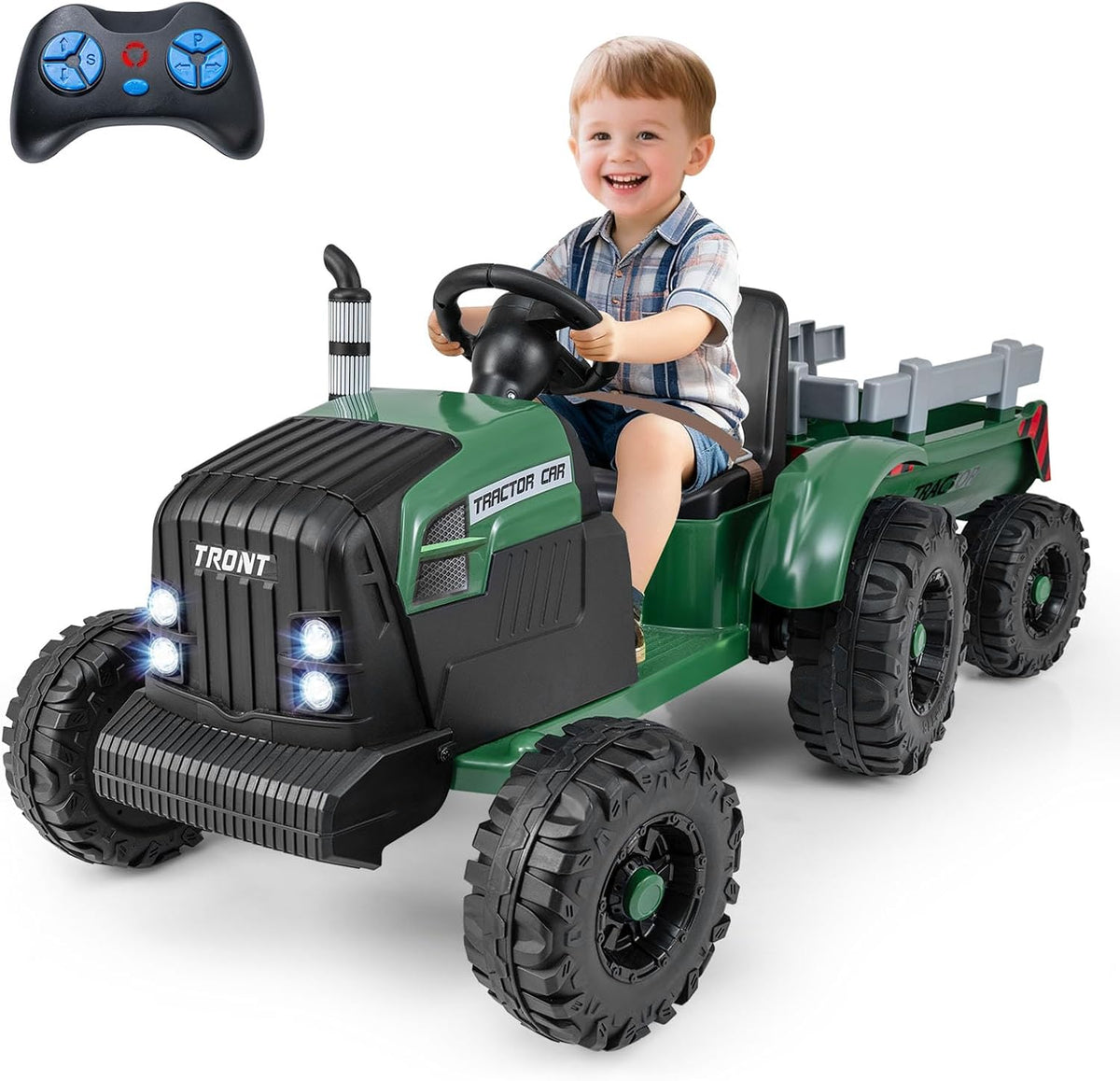 Costzon 12V Kids Ride On Tractor with Detachable Trailer, Remote Control Electric Vehicle, 3‑Gear‑Shift Ground Loader, USB, 7 LED Headlights, Green, for Kids 3+