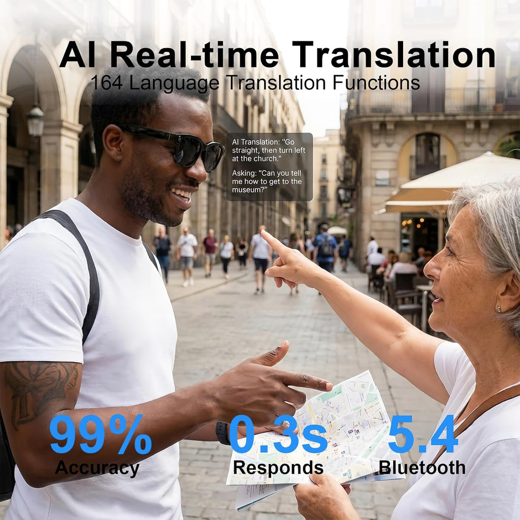 AI Smart Glasses with Camera, 8MP HD Bluetooth Camera Glasses for Women Men 1080P Video Recording Sunglasses, Real Time Translation, Voice Assistant, Open Earbuds, Travel, Work, Vlog
