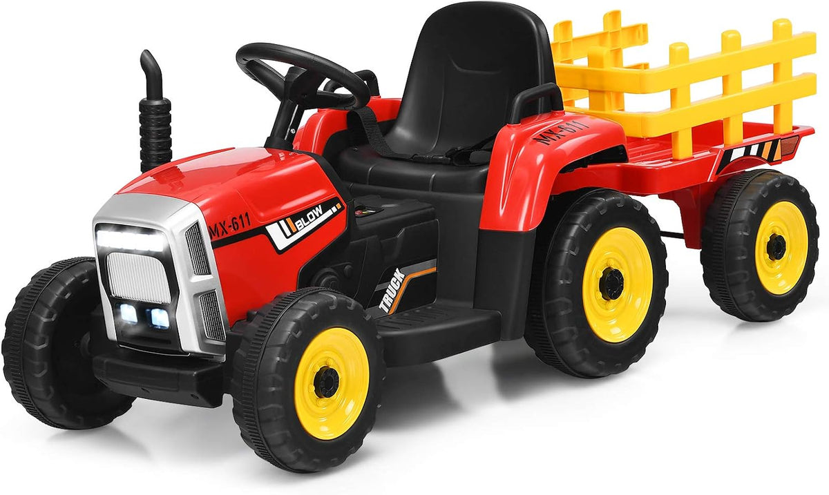 Costzon 12V Kids Ride On Tractor with Detachable Trailer, Remote Control Electric Vehicle, 3‑Gear‑Shift Ground Loader, USB, 7 LED Headlights, Green, for Kids 3+