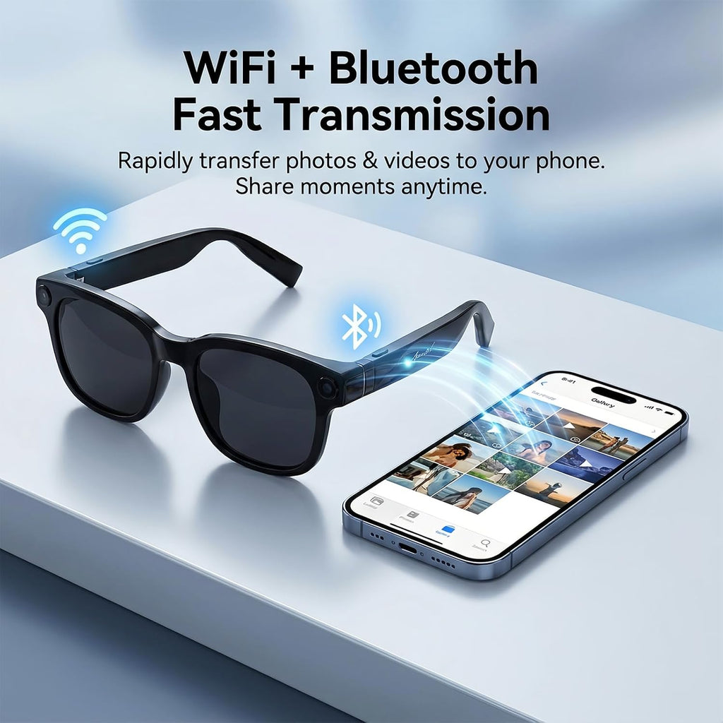 AI Smart Glasses with Camera, 8MP HD Bluetooth Camera Glasses for Women Men 1080P Video Recording Sunglasses, Real Time Translation, Voice Assistant, Open Earbuds, Travel, Work, Vlog