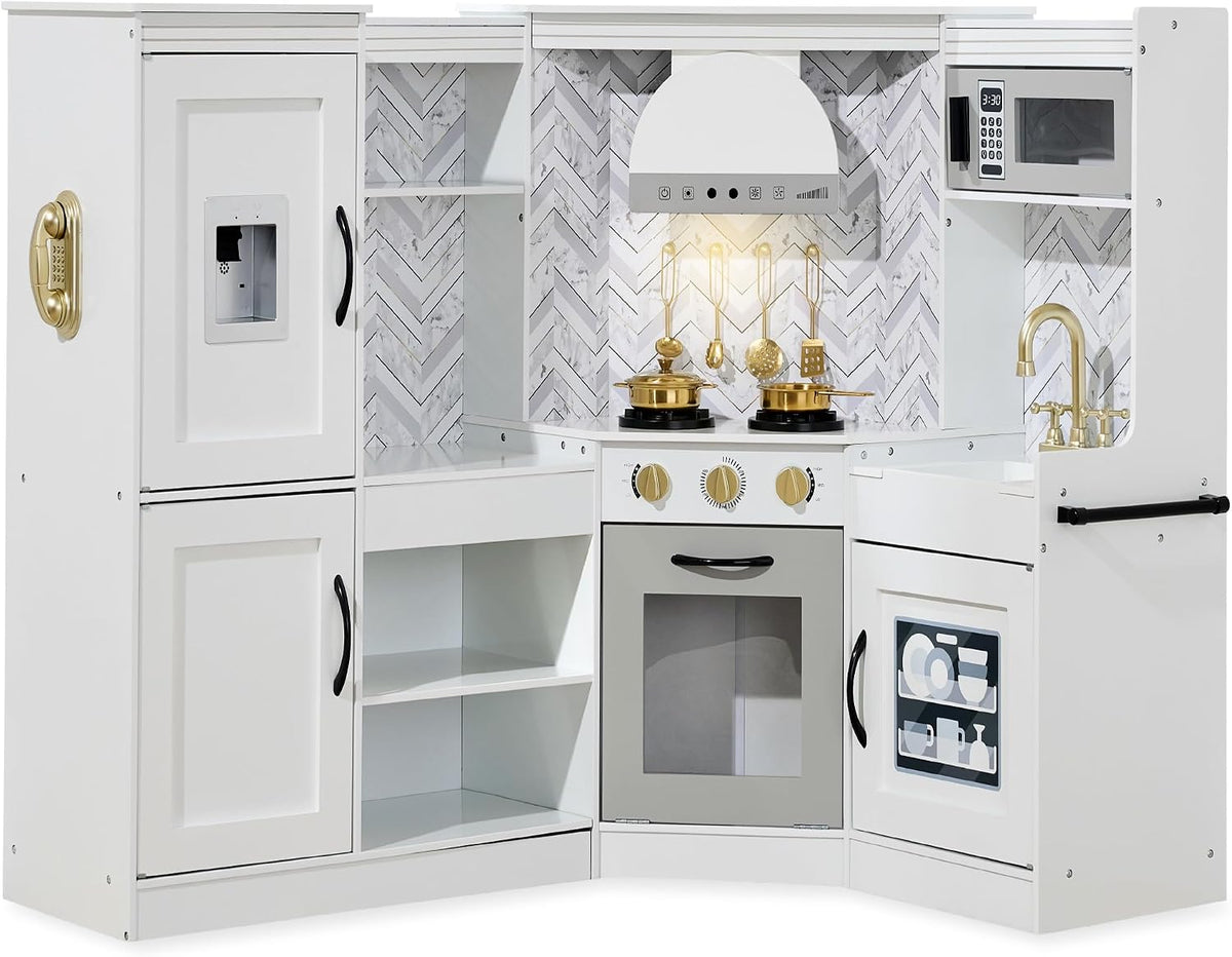Best Choice Products Wooden Kids Pretend Play Kitchen Set, Interactive Playset with Lights & Sounds, Ice Maker & Range Hood, Sage Green for Toddlers
