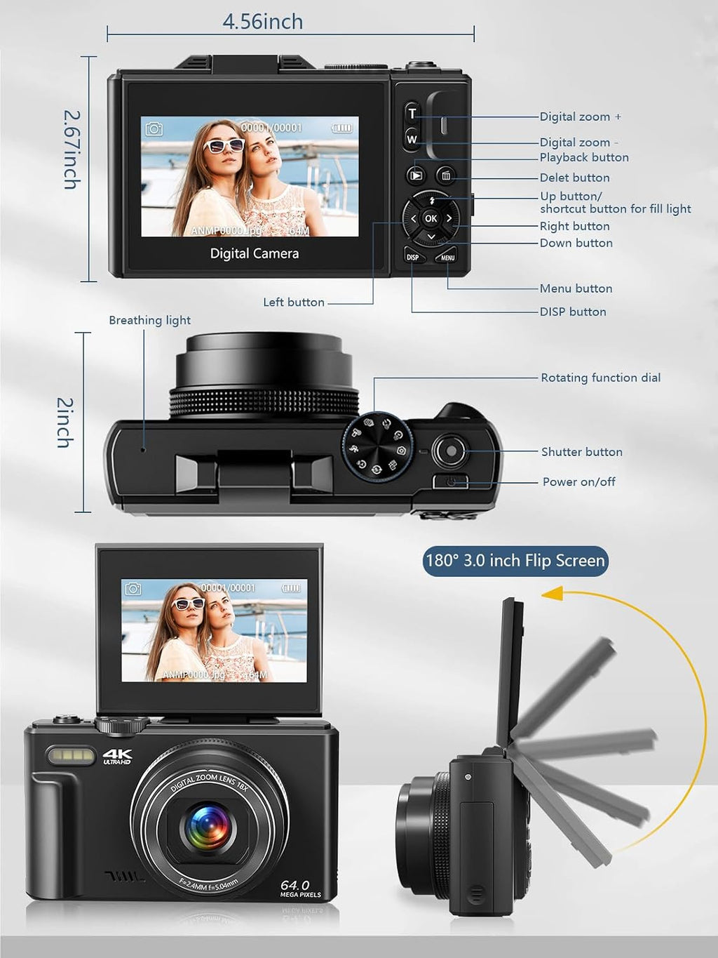 4K Vlogging Digital Camera for YouTube | 3" 180° Flip Screen, 18X Digital Zoom, Compact Photography Camera, Comes with 32GB TF Card & 2 Rechargeable Batteries