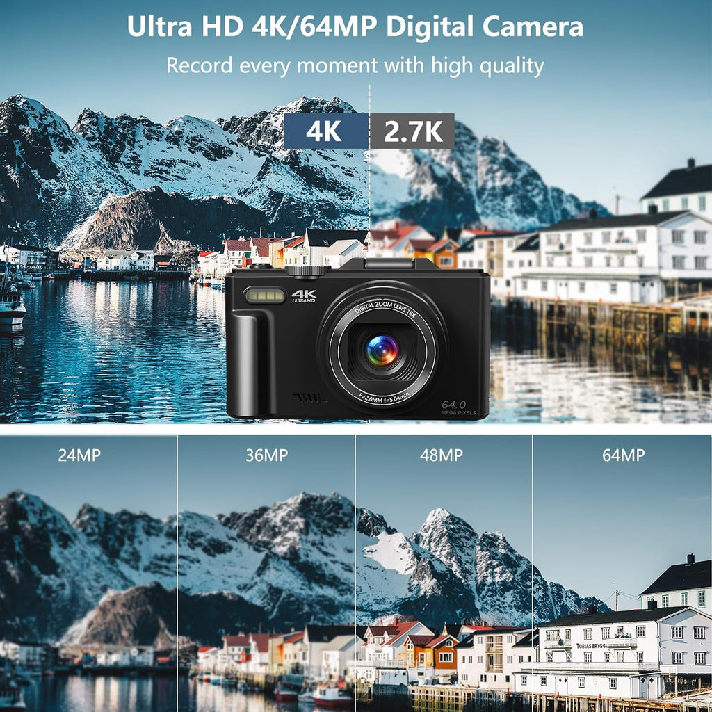 4K Vlogging Digital Camera for YouTube | 3" 180° Flip Screen, 18X Digital Zoom, Compact Photography Camera, Comes with 32GB TF Card & 2 Rechargeable Batteries