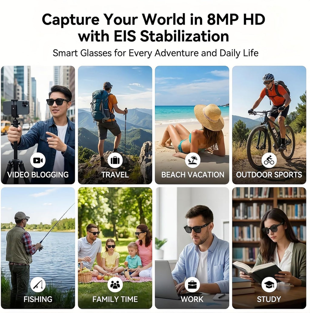 AI Smart Glasses with Camera, 8MP HD Bluetooth Camera Glasses for Women Men 1080P Video Recording Sunglasses, Real Time Translation, Voice Assistant, Open Earbuds, Travel, Work, Vlog