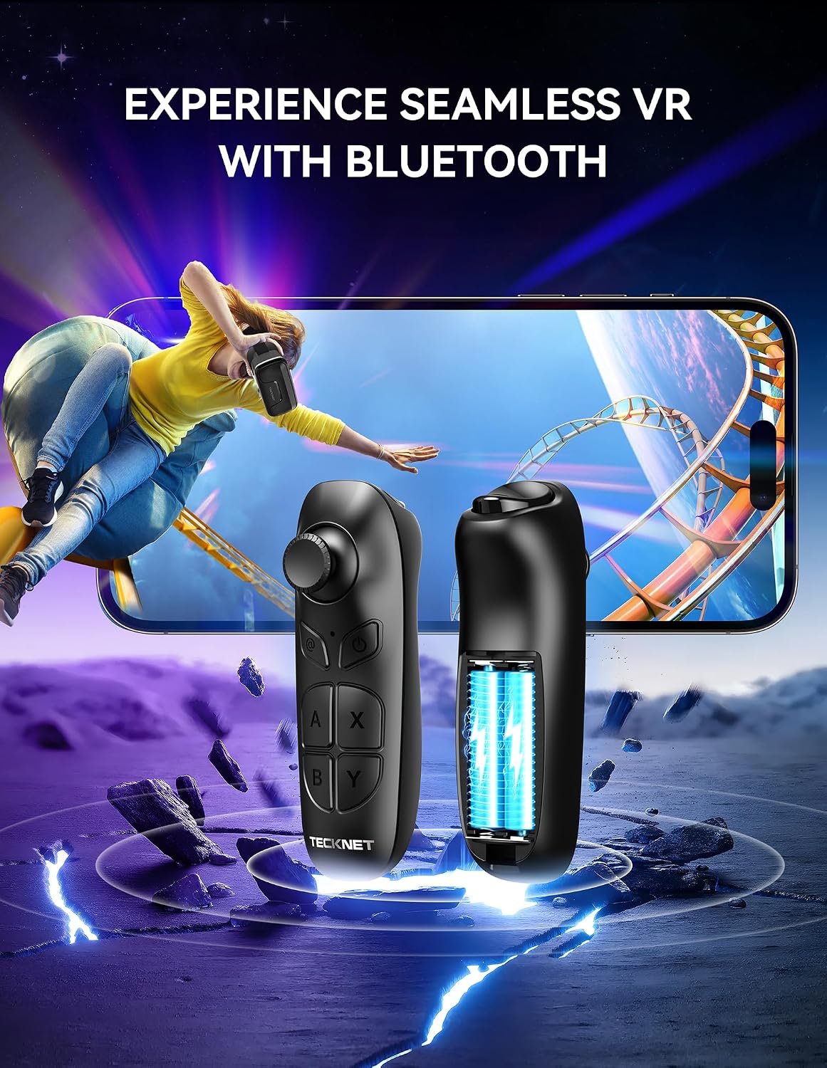 VR Headset for Phone with Controller, Virtual Reality Headsets with HD 110°FOV Anti-Blue Light Lenses & Adjustable Gears, 3D VR Headset for Kids Compatible iPhone Samsung Android 4.7-7.2"