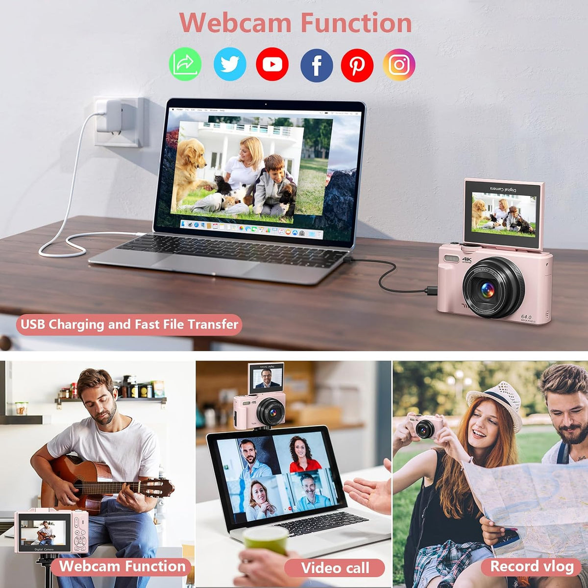 4K Vlogging Digital Camera for YouTube | 3" 180° Flip Screen, 18X Digital Zoom, Compact Photography Camera, Comes with 32GB TF Card & 2 Rechargeable Batteries