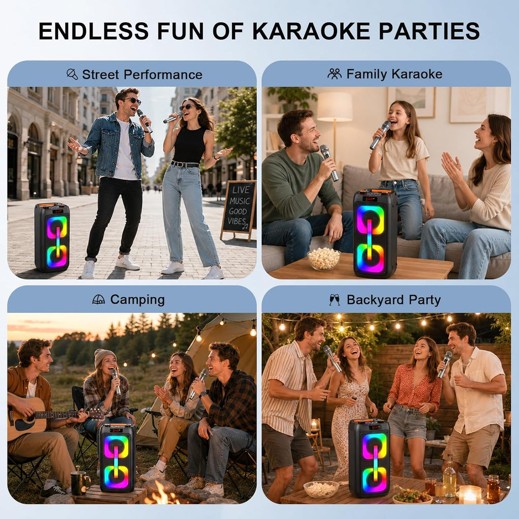 Portable Outdoor Karaoke Speaker Machine with 2 Wireless Microphones, LED Light PA System, 6000mAh Rechargeable Battery, USB TF AUX Bluetooth Speaker for Camping Beach Party, Gift for Adults