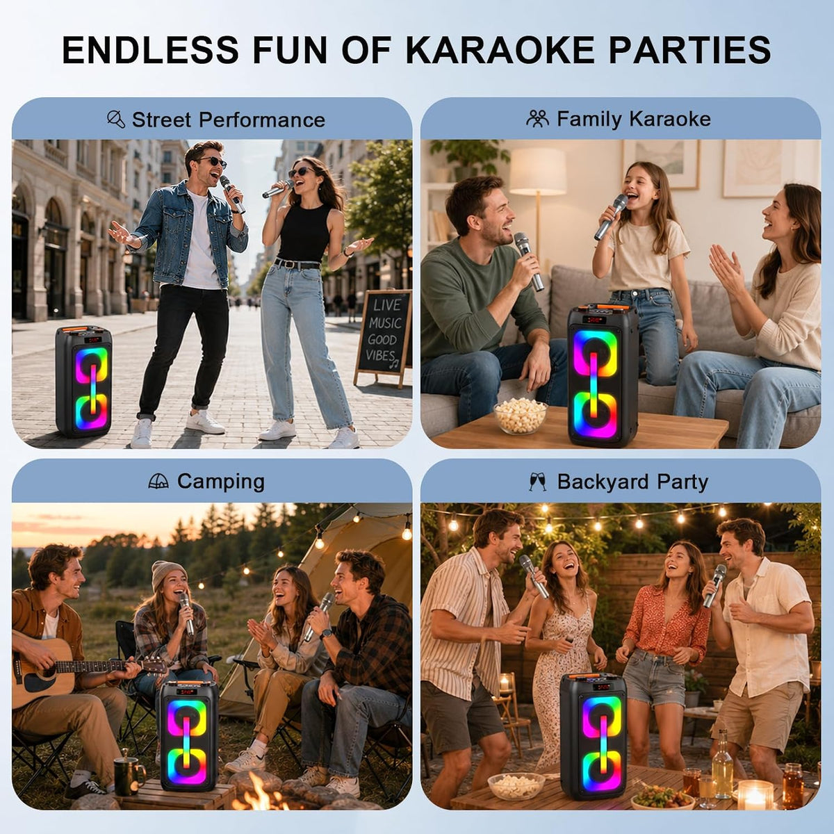 Portable Outdoor Karaoke Speaker Machine with 2 Wireless Microphones, LED Light PA System, 6000mAh Rechargeable Battery, USB TF AUX Bluetooth Speaker for Camping Beach Party, Gift for Adults