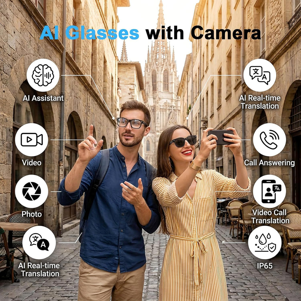 AI Smart Glasses with Camera, 8MP HD Bluetooth Camera Glasses for Women Men 1080P Video Recording Sunglasses, Real Time Translation, Voice Assistant, Open Earbuds, Travel, Work, Vlog