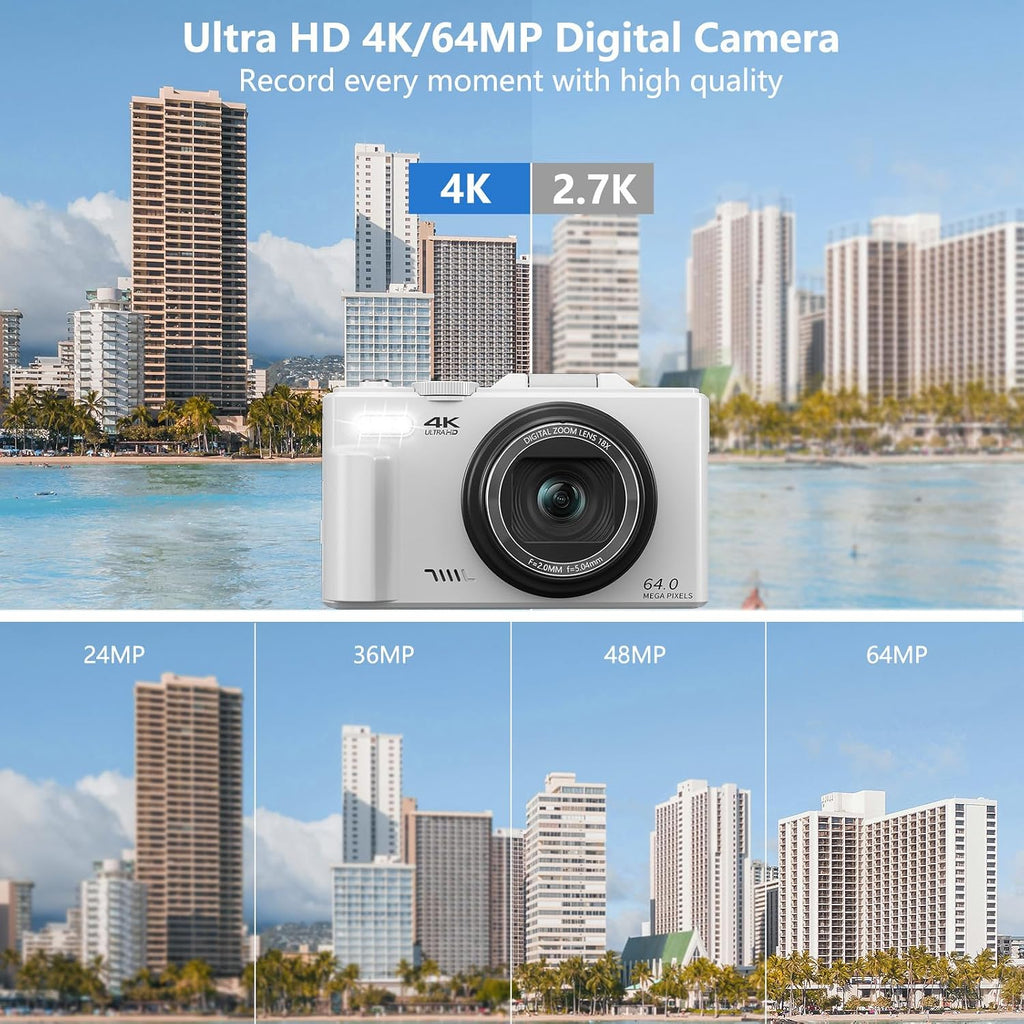 4K Vlogging Digital Camera for YouTube | 3" 180° Flip Screen, 18X Digital Zoom, Compact Photography Camera, Comes with 32GB TF Card & 2 Rechargeable Batteries