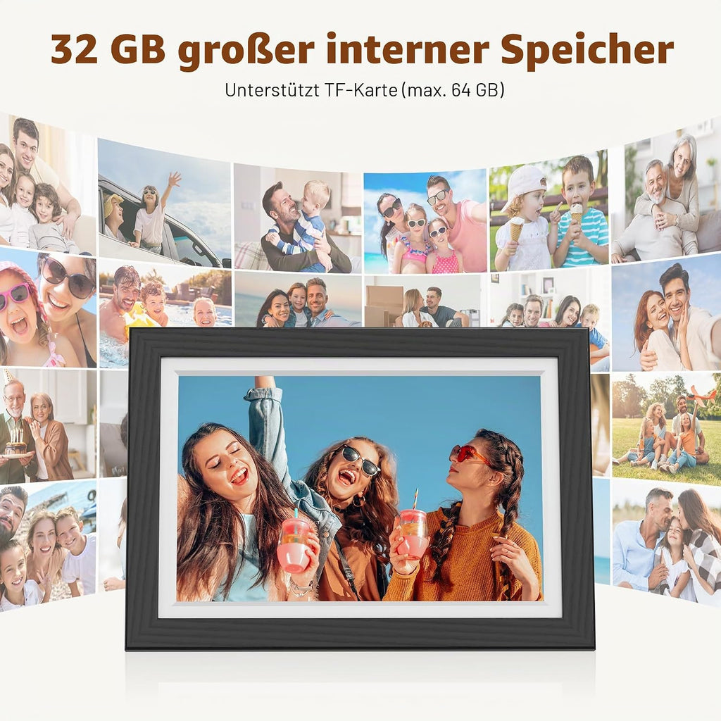 igital Picture Frame - 10.1 Inch WiFi Electronic Picture Frame with 32 GB Memory HD IPS Touch Screen, Auto Rotate, Instant Sharing of Photos/Videos, Family and Friends, Black