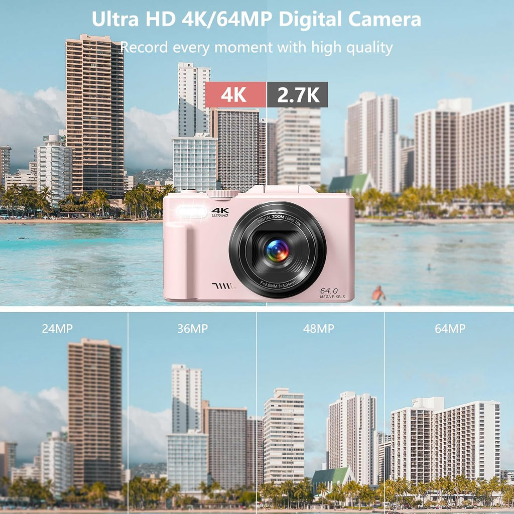 4K Vlogging Digital Camera for YouTube | 3" 180° Flip Screen, 18X Digital Zoom, Compact Photography Camera, Comes with 32GB TF Card & 2 Rechargeable Batteries