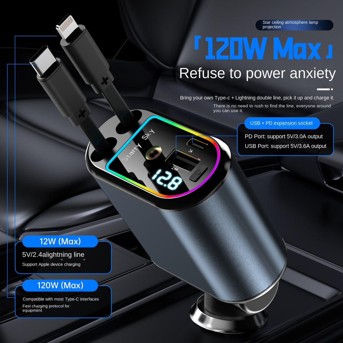 New C9 Starry Sky Fast Charging 120W Retractable Car Charger with 4-in-1 Multi-functional Digital Display