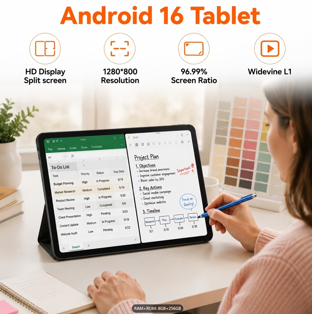Android 16 Tablet, Unisoc Octa-Core High-Performance CPU, 24 (8+16) GB RAM, 256GB ROM(2 TB Expand), 8MP + 5MP Dual Cameras, Long Battery Life, Face Unlock, Widevine L1, Wireless 5.0, Smart Lens, 2-in-1 Gaming Tablet Set Stylus (without Electricity)